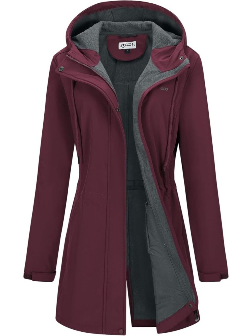 Women's Wine Red Fleece Lined Waterproof Zip Up Softshell Long Trench Parka Coat
